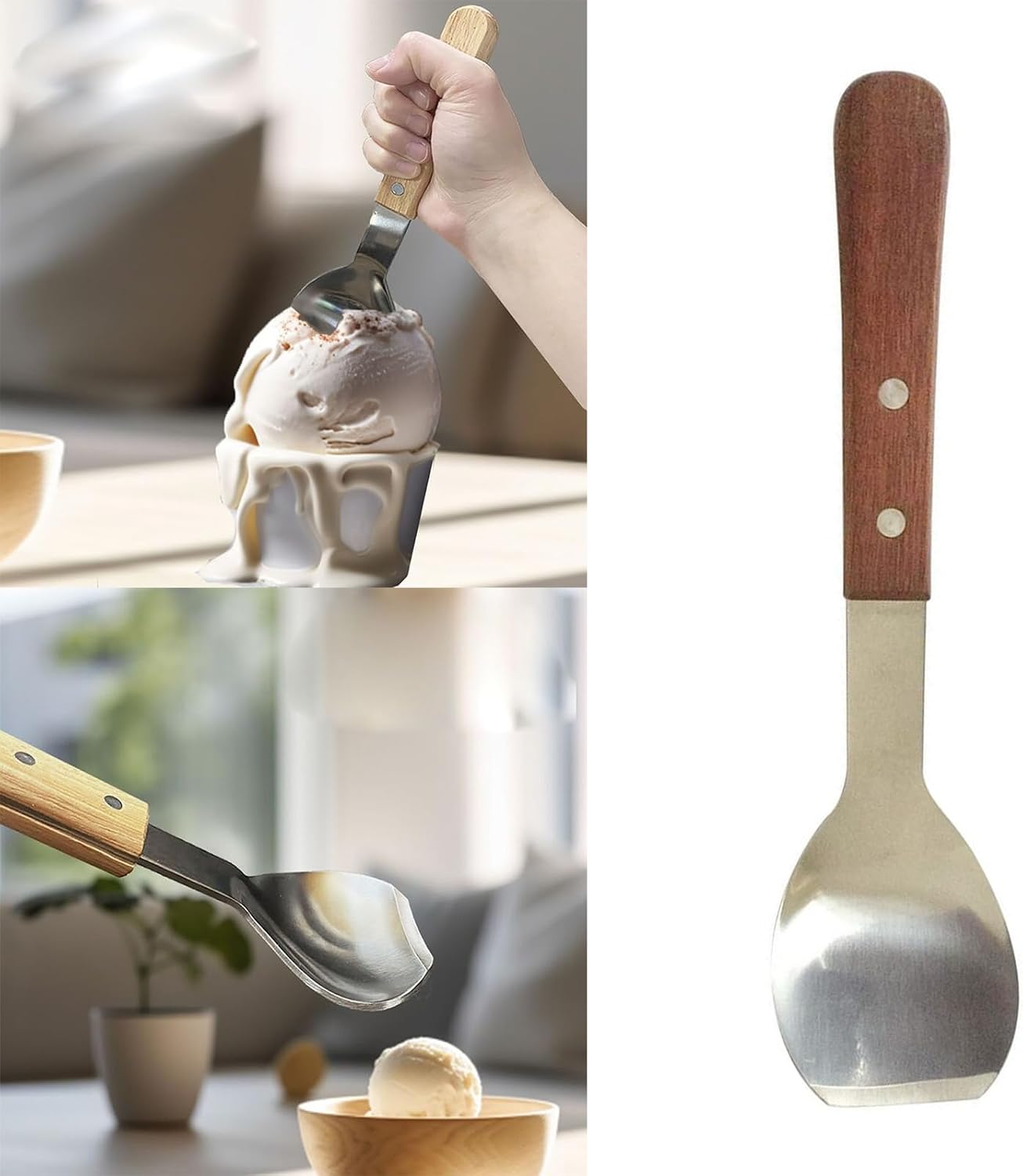 Ice Cream Scoop Stainless Steel Ice Cream Shovel with Wooden Handle Dessert Spade Butter Cutter Flat Ice Cream Metal Spade for Dining Kitchen Utensil, Home Commercial BST220