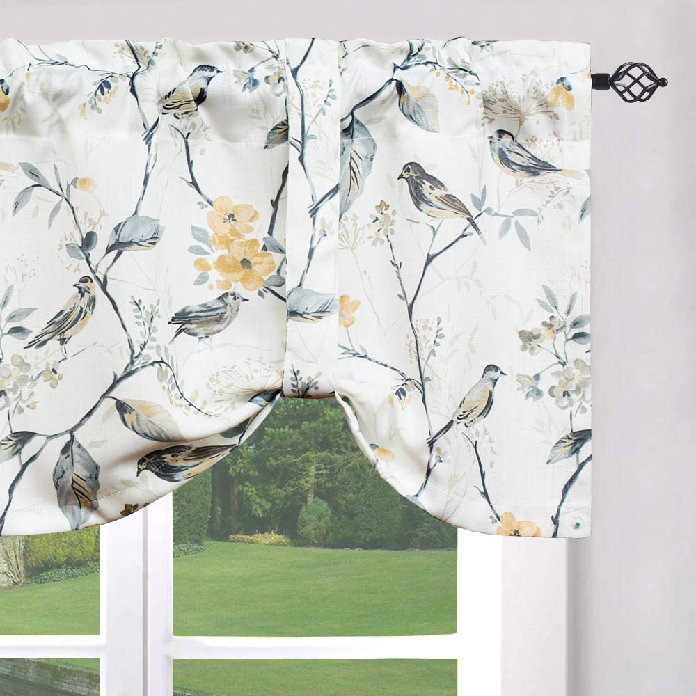 Leeva Tie Up Valance for Windows, Elegant Birds Pattern Light Filtering Window Treatment Valances for Bedroom Kitchen, One Panel, 52 x 18, Light Blue BST220