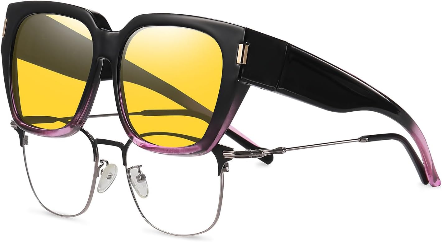 HAOLOTA Night Vision Driving Glasses Fit Over Glasses for Women Men, Anti Glare Polarized Nighttime Yellow Lens WN420