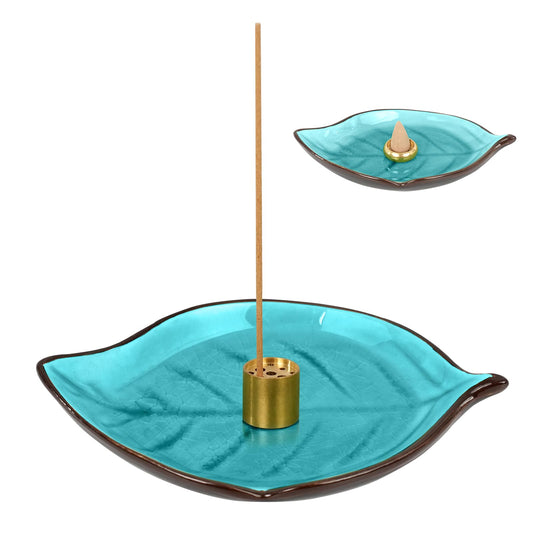 Incense Holder for Sticks (9 Holes) and Cones, Handmade Ceramic Incense Ash Catcher for Meditation, Yoga, SPA Days, Relaxing, Home Decor, Candle Holder, Easy to Clean, Leaf-Shape (Blue) BST220