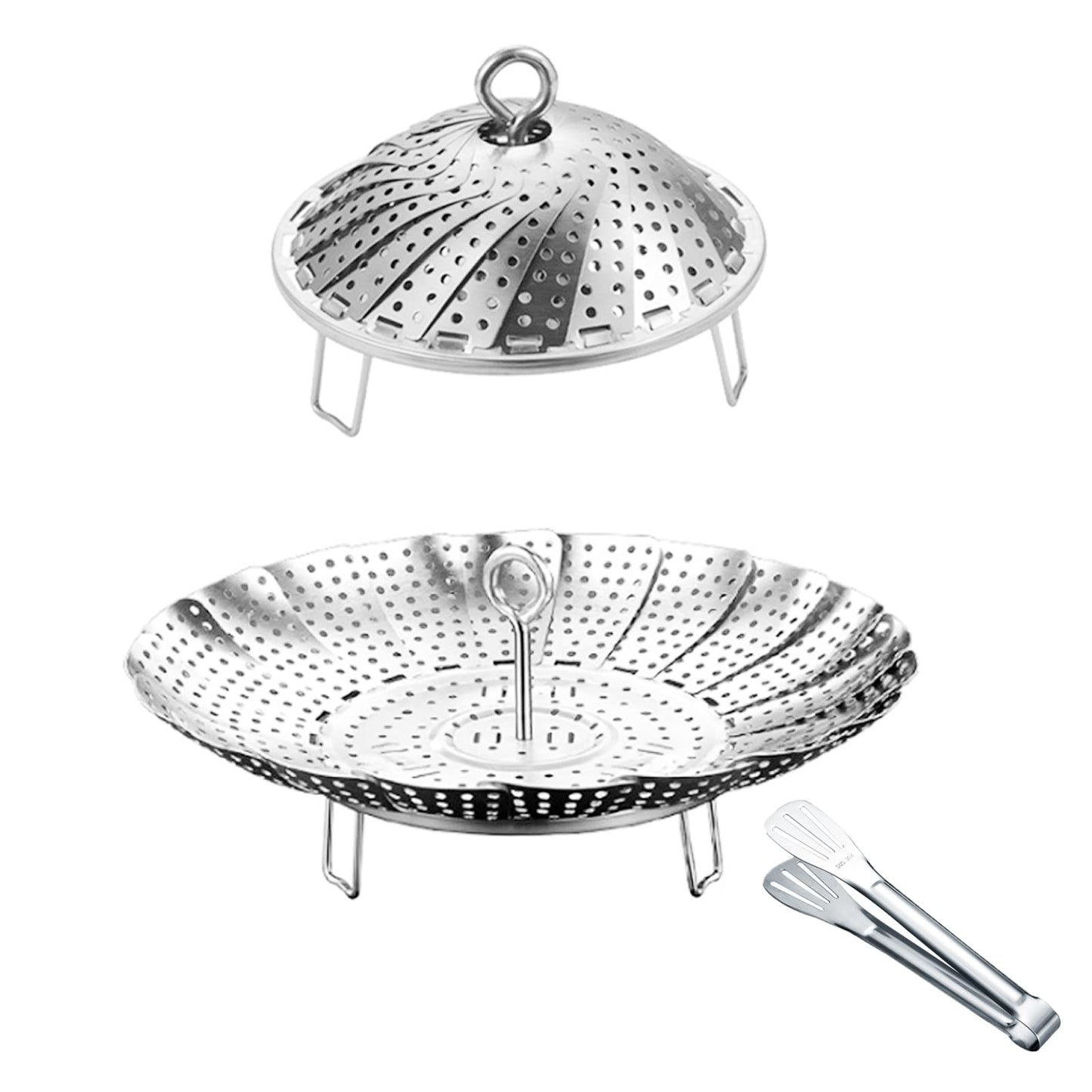304 Stainless Steel Vegetable Steamer Basket, Expandable Insert for Cooking, Fits 6.4 to 10.2 Inch Pots, Includes 7.3 Inch Kitchen Tongs WN420