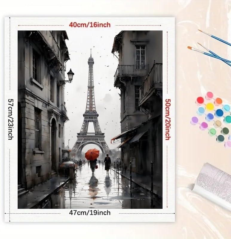 City Street Paint by Numbers Kit for Adults - DIY Eiffel Tower with Red Umbrella in Paris Painting on Canvas 16x20 Inches, Acrylic Paint Set, Suitable for Beginners,Travel Art for Decoration BST326H