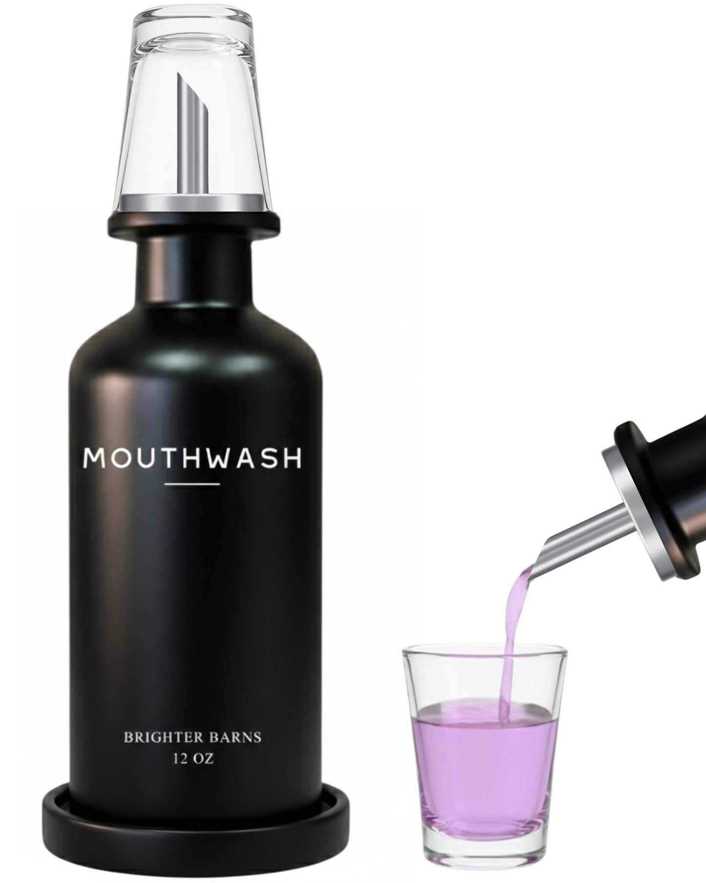 Glass Mouthwash Dispenser for Bathroom by Brighter Barns - Refillable Mouthwash Container with Glass Cup and Tray - Mouth Wash Dispensers for Bathroom Sink, Home Decor, Airbnb, Office, Hotel (Clear) BST326H