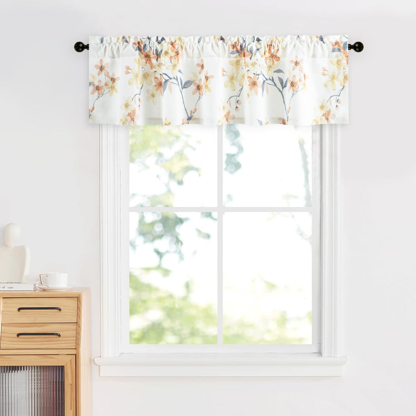 Leeva Farmhouse Kitchen Valances for Windows, Watercolor Blossoming Floral Print Curtains, Soft Faux Linen Curtain Toppers and Valances for Bedroom, 60 x 14 Inch, Brown & Grey, 1 Panel BST220