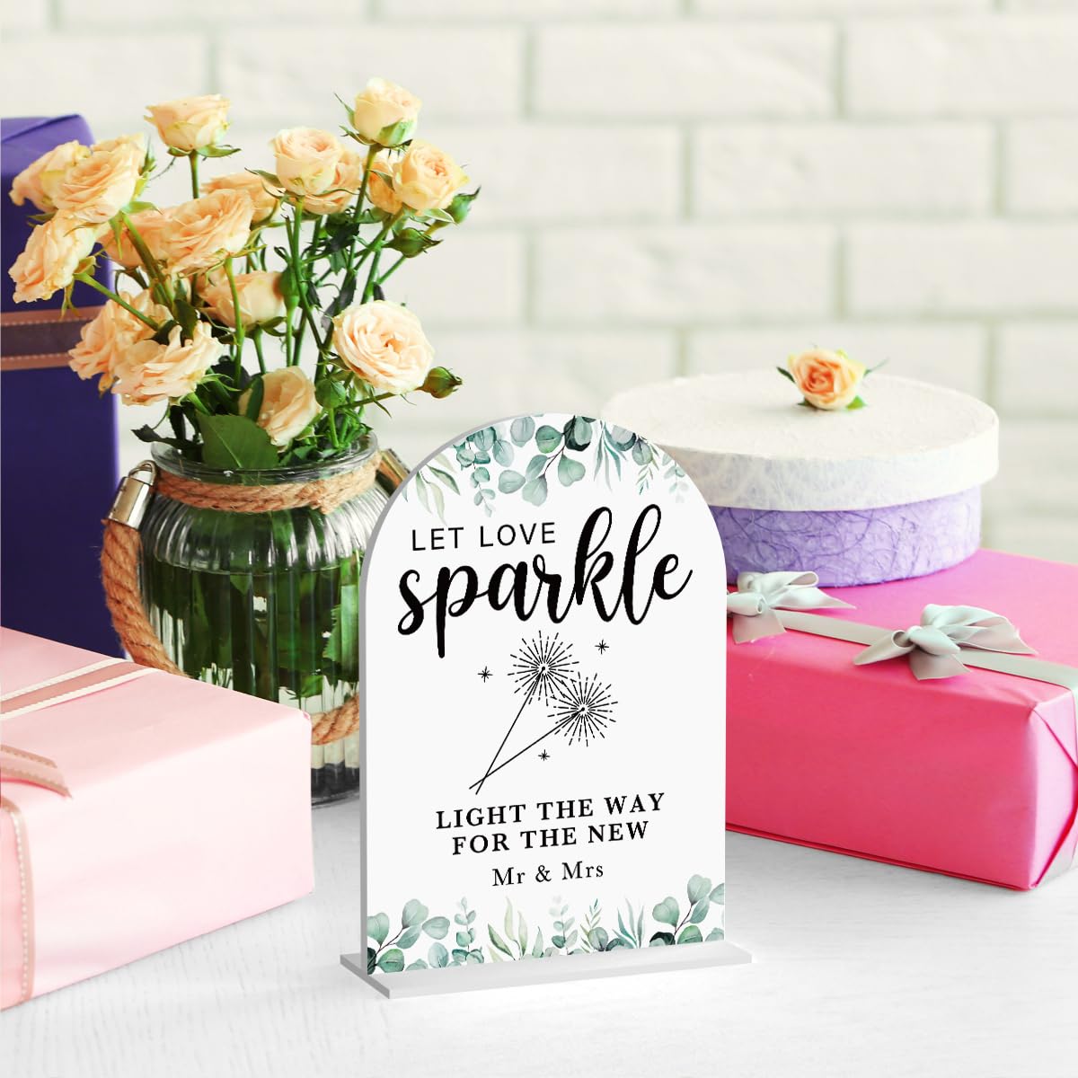 Acrylic Wedding Sign Bubble Send Off Signs for Ceremony Modern Calligraphy Arch Acrylic Table Top Signs for Wedding Reception and Event Party Table Decor (White Eucalyptus Leaves) BST326L