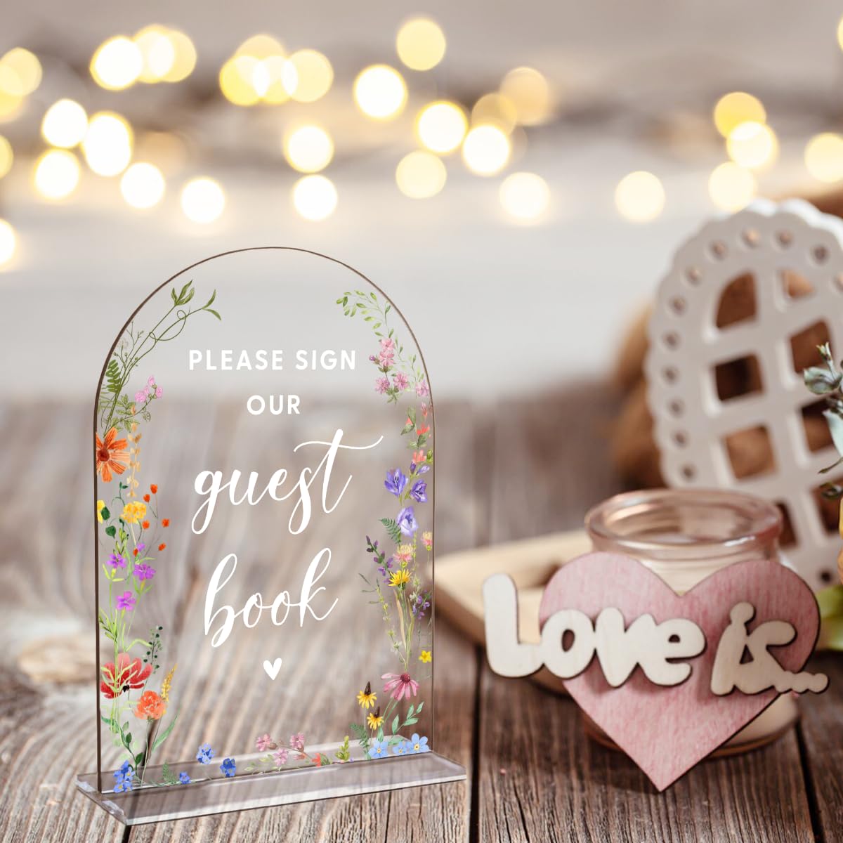 Acrylic Wedding Signs, Pick A Card Signs for Marriage Reception, Bridal Shower Decorations, Modern Arched Round Top Acrylic Table Top Sign with Holder for Wedding Party Dinner (Clear Wildflowers) BST326L