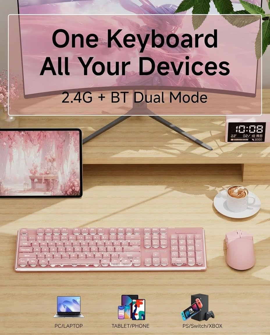 V3 Wireless Keyboard and Mouse with Single Backlit, Metal Panel, Bluetooth/2.4G Rechargeable Computer Keyboard and Mouse Combo Silent Lighted Full Size Cute Keyboards-White