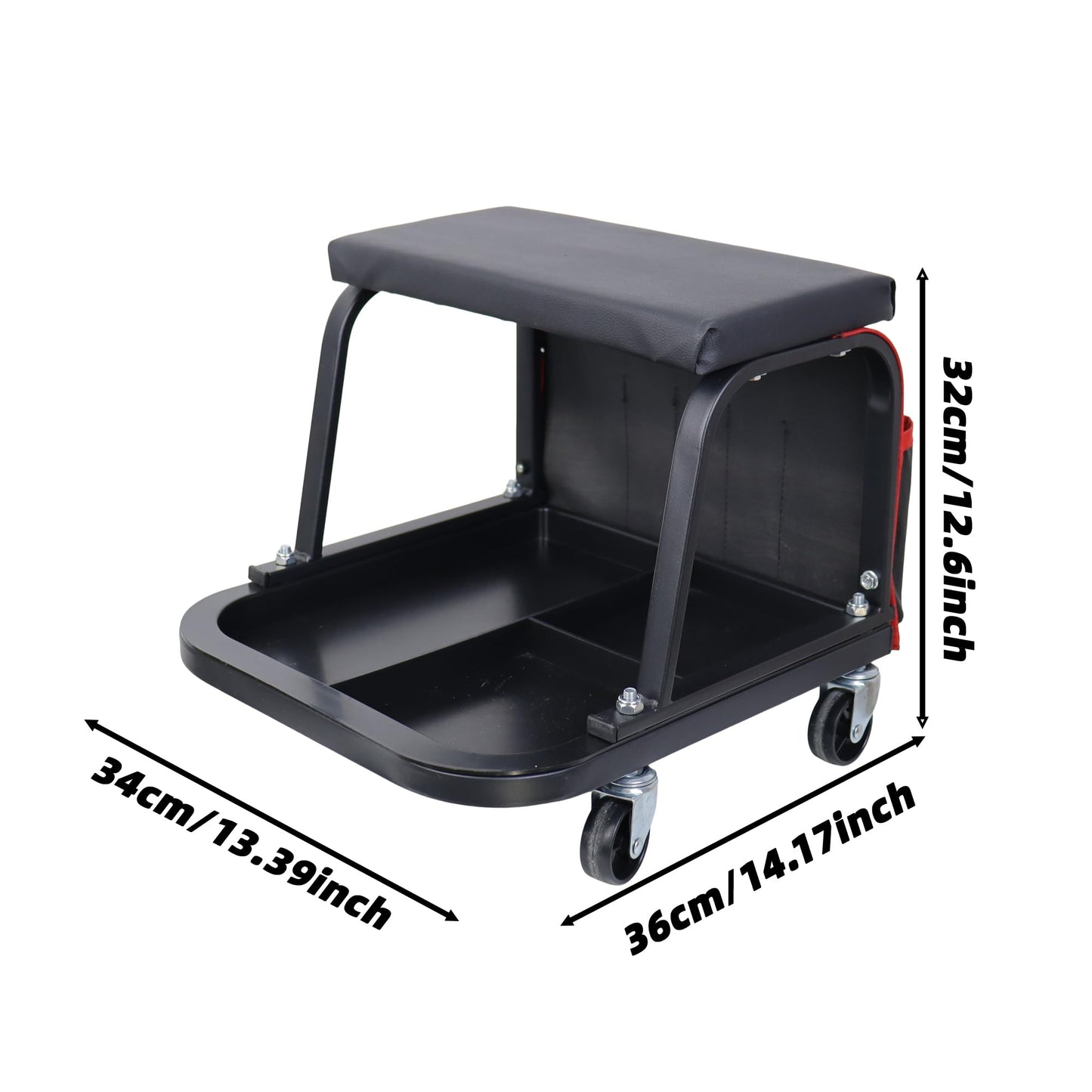 Rolling Mechanic Garage Stool on Wheels with Padded Cushion, Tool Tray Storage and Side Pockets, 300 LBS Capacity, Red BST220