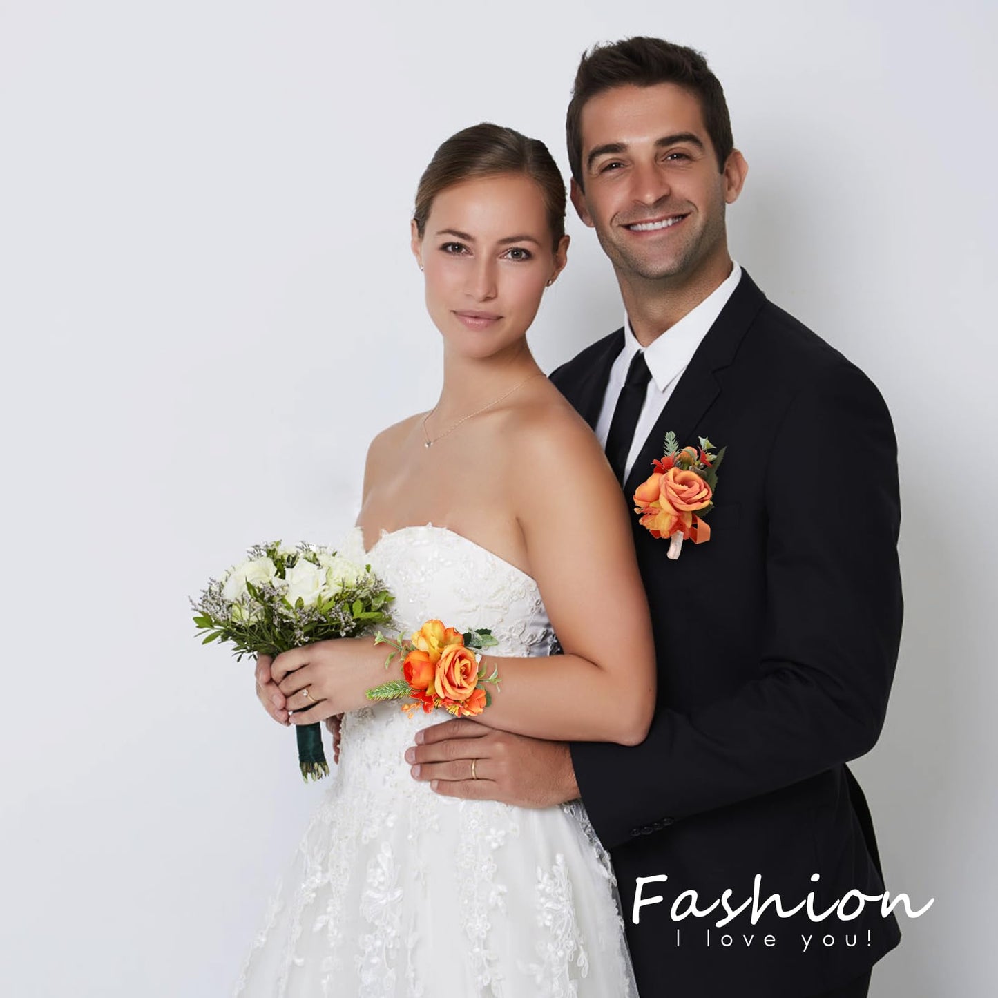 Prom Corsage And Boutonniere Set Orange – Artificial Silk Wrist Corsage & Boutonniere For Men Wedding – Groom Boutonniere For Prom, Homecoming, Courthouse Wedding, White Rose Corsage Wristlet Gift Set BST202