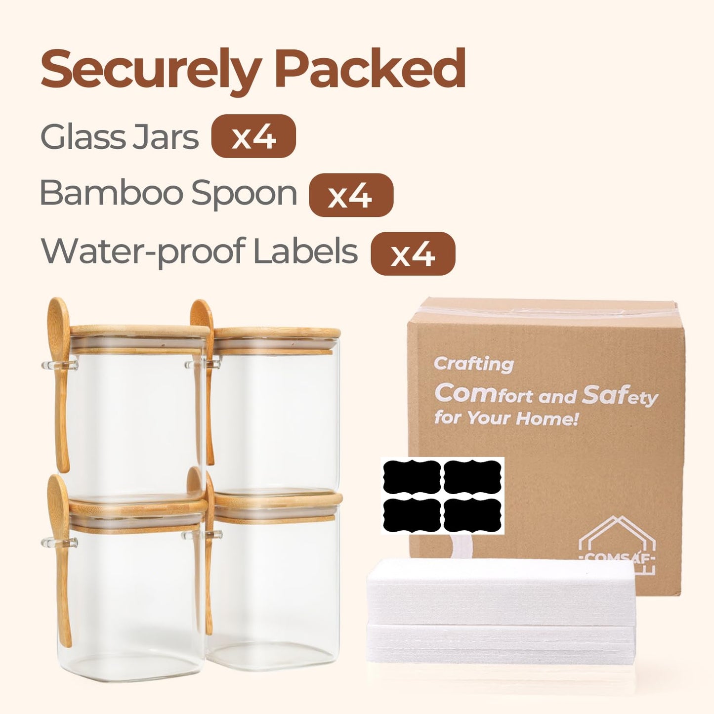 ComSaf 0.6 Qt Glass Food Storage Jars Set of 6, Clear Storage Containers with Airtight Lids, Pantry Organization Jar, Spice Jar, Blooming Tea, Coffee and Sugar Container, Canister Set for Kitchen BST220