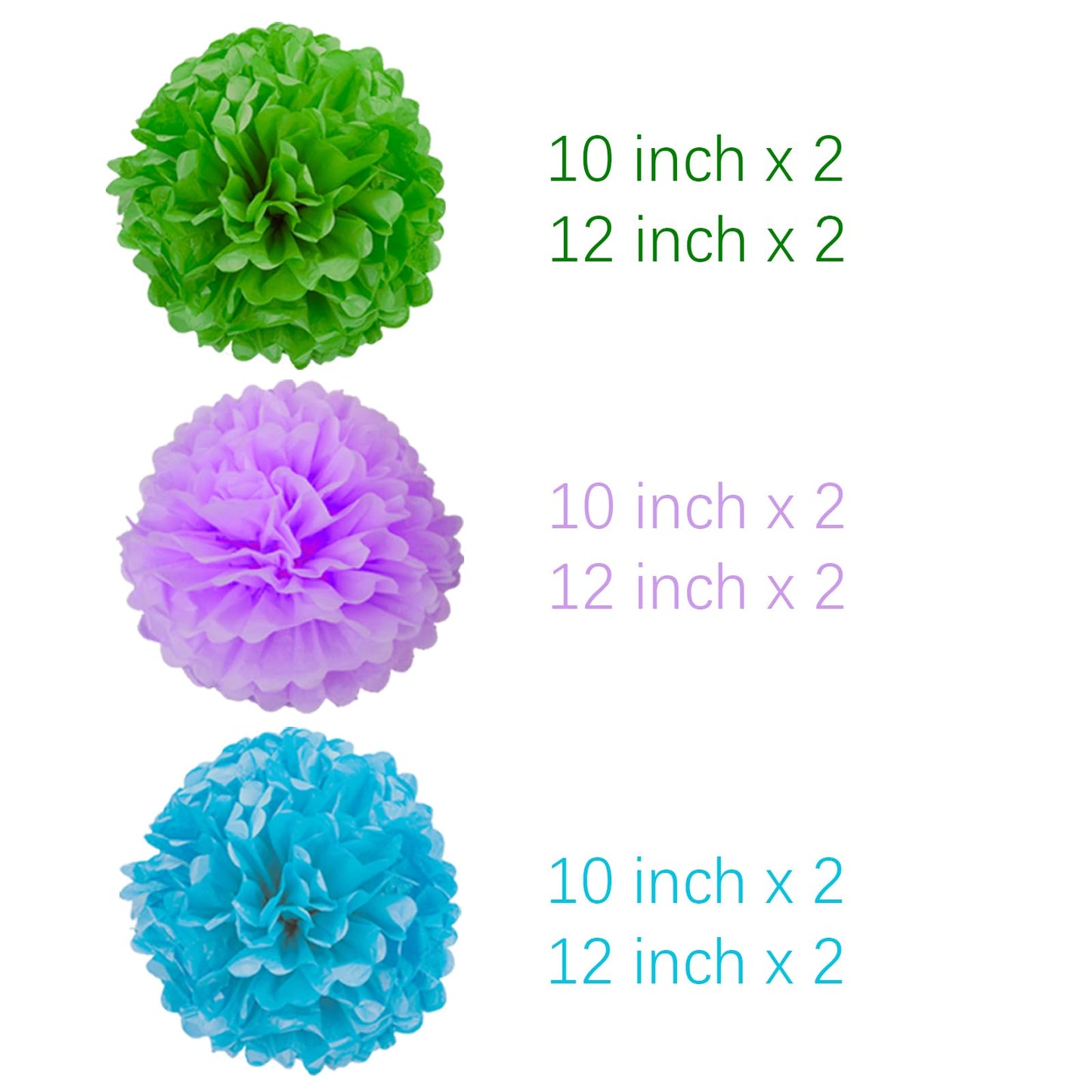 Blue Green and Purple Tissue Pom Poms Paper Kit DIY Decorative Flowers Ball for Birthday Party Wedding Hanging Decorations Pack of 12 10in12in BST220