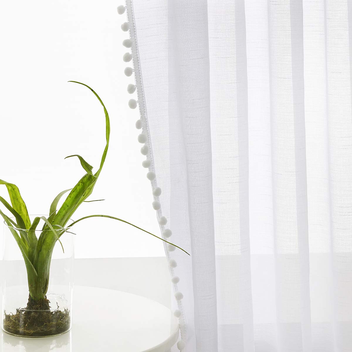 Treatmentex Pom-Pom Grey Sheer Curtains for Bedroom 63" Window Drapes Rod Pocket Textured Sheer Curtain for Kids Room 52" w 2 Panels BST202