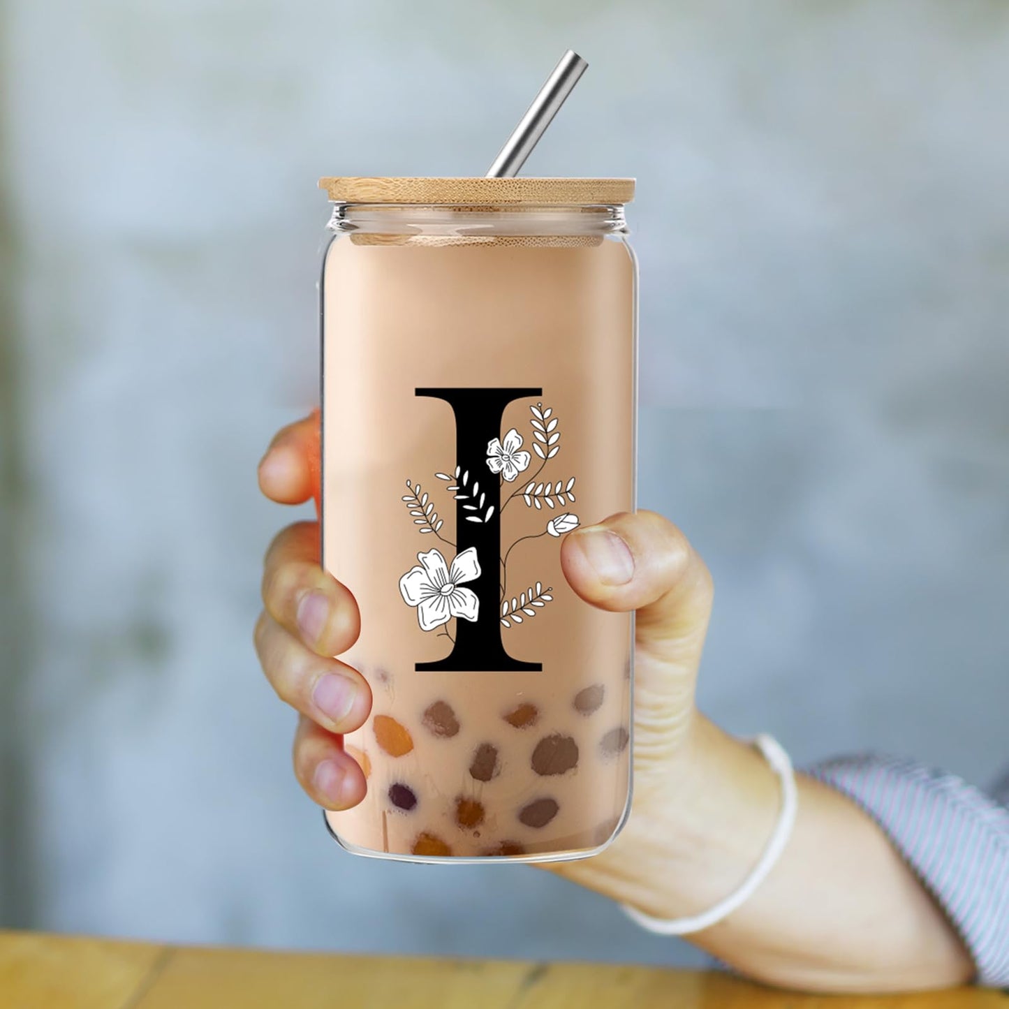 Monogrammed Initial Glass Cup with Lids and Straws gift for Women | Personalized Gift Set with Doll, 16 Oz Ice Coffee Cup ,reusable glass tumbler,Birthday Christmas Gift for Her,U WN420