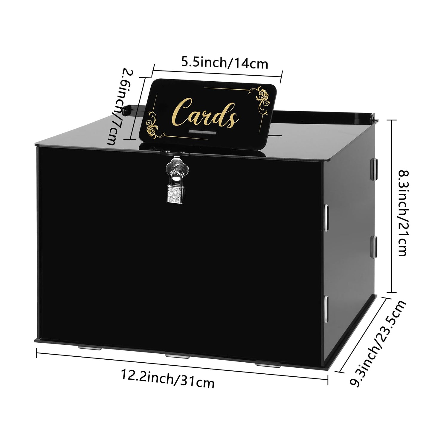 Fowecelt Acrylic Wedding Card Box with Lock Black Card Box DIY Large Rustic Card Box for Wedding Reception Bridal Shower Birthday Baby Shower Party Graduation Decorations (10x10x10 Inch) BST326H