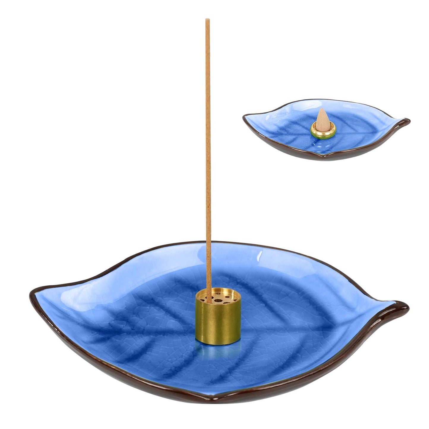 Incense Holder for Sticks (9 Holes) and Cones, Handmade Ceramic Incense Ash Catcher for Meditation, Yoga, SPA Days, Relaxing, Home Decor, Candle Holder, Easy to Clean, Leaf-Shape (Blue) BST220