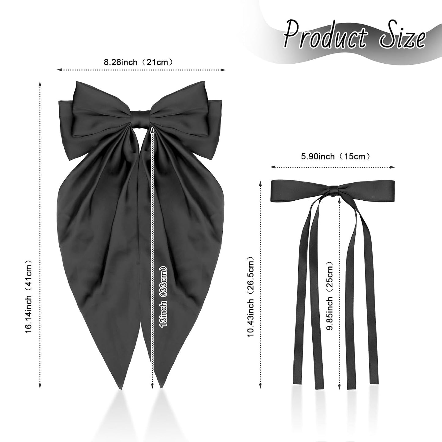 Yoseng Hair Bows Set: 4pcs Ribbon Hair Clips with Bowknots and Long Tails, 2 Sizes, for Women and Girls (Black, White) WN420