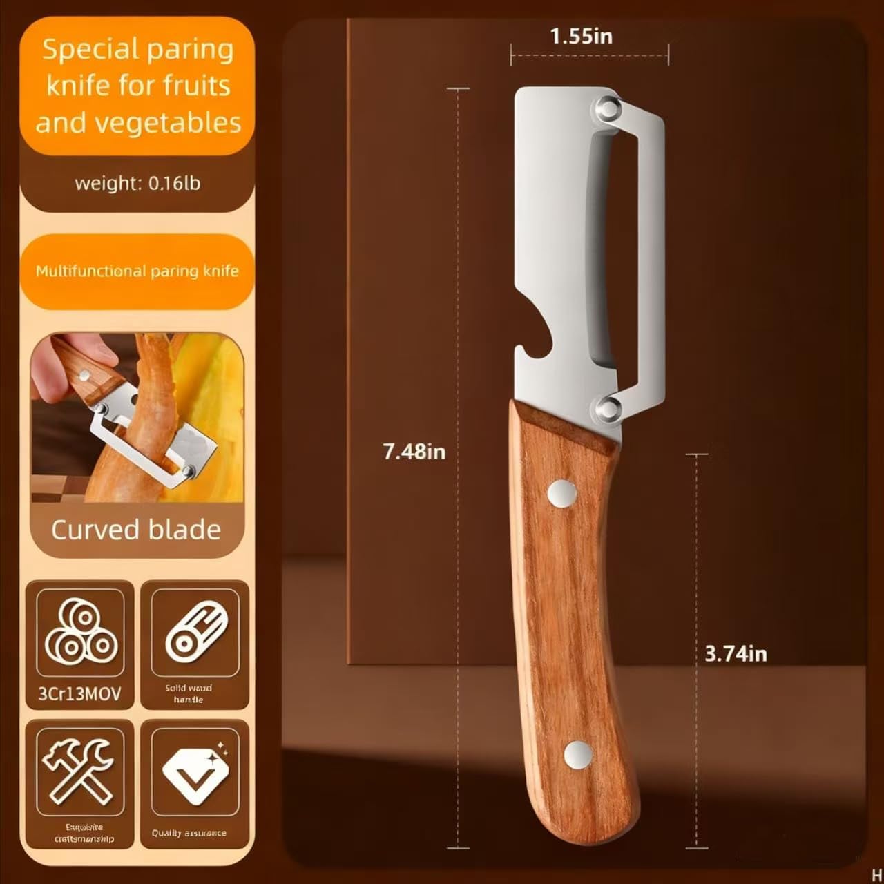 Multi Functional Premium Vegetable Peeler with Wooden Handle and Bottle Opener Stainless Steel Blade Kitchen Tool for Fruit Potato Pumpkin Papaya BST326L