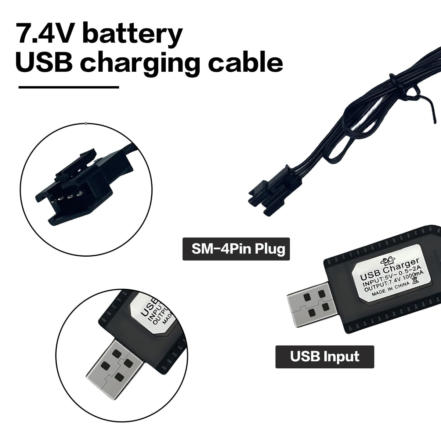 7.4V USB Charger Cable with SM-4PIN Plug Compatible RC Car RC Tank RC Boat and Other Remote Control for Universal 7.4V Lipo Battery USB Charger with Battery Protection (1) Black WN420