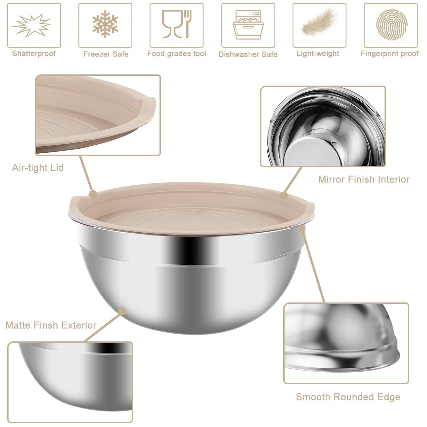 WEPSEN Mixing Bowls Set, 25PCS Stainless Steel Mixing Bowl with Lid Set, Large Nesting Bowls 7, 4.5, 3,2, 1.5QT, Measuring Cups and Spoons Baking Utensils Metal Bowl for Kitchen Prep BST220