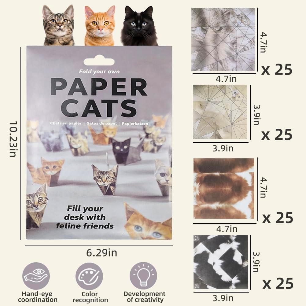 Origami Kit Cats and Dogs, 100 Sheets Diy Paper Cats Kit, Paper Dogs Origami for Kids & Adults,Desk Decoration & Gift for Pet Lovers (Cat 50pcs+ Dog 50pcs) WN420