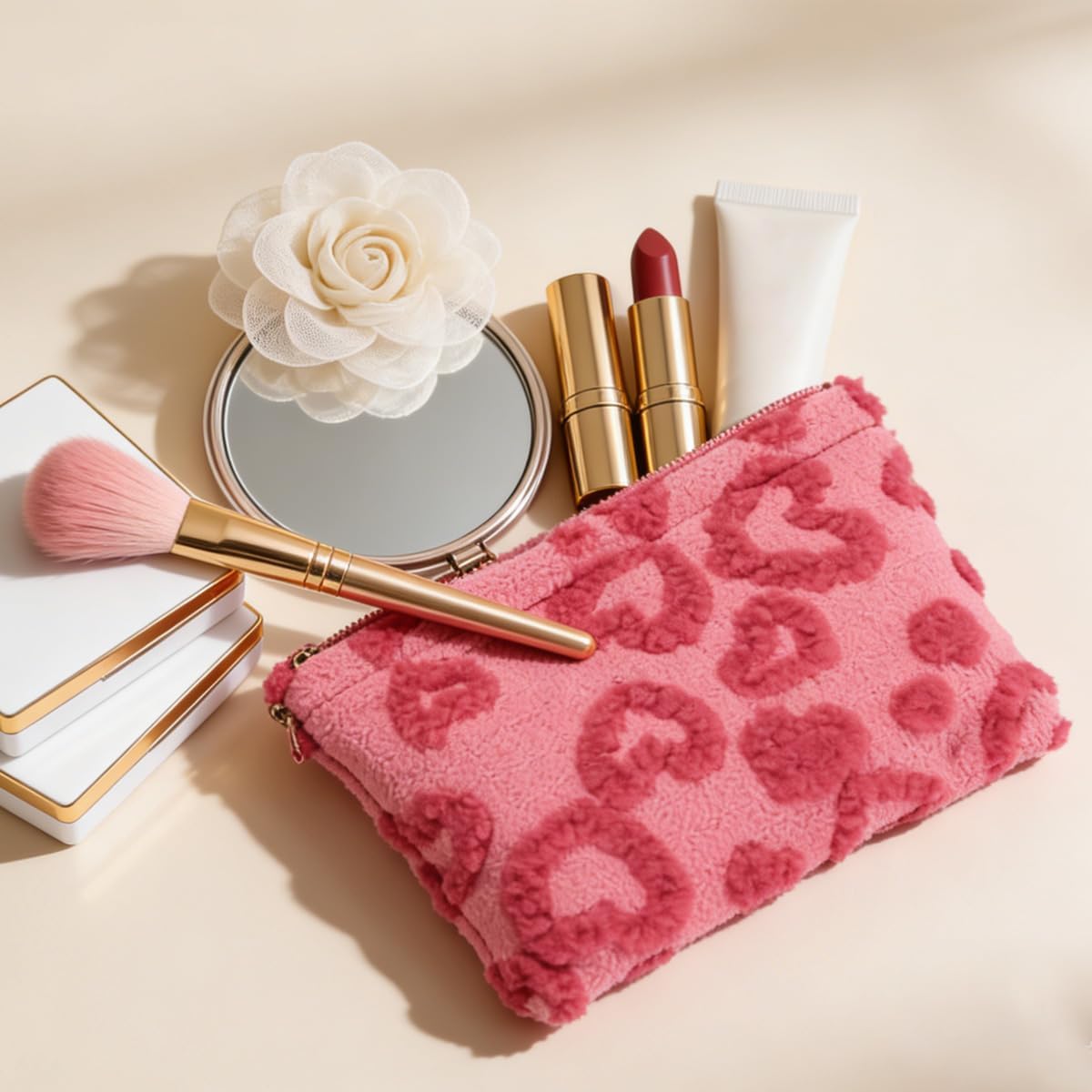 2 PCS Fluffy Heart Makeup Bag Cute Plush Coin Wallet Fashion Cosmetic Organizer Pouch with Zipper Portable Travel Make up Toiletry for Women Girls Valentine's Day Mother's Day, Birthday（Large + Small） BST326L