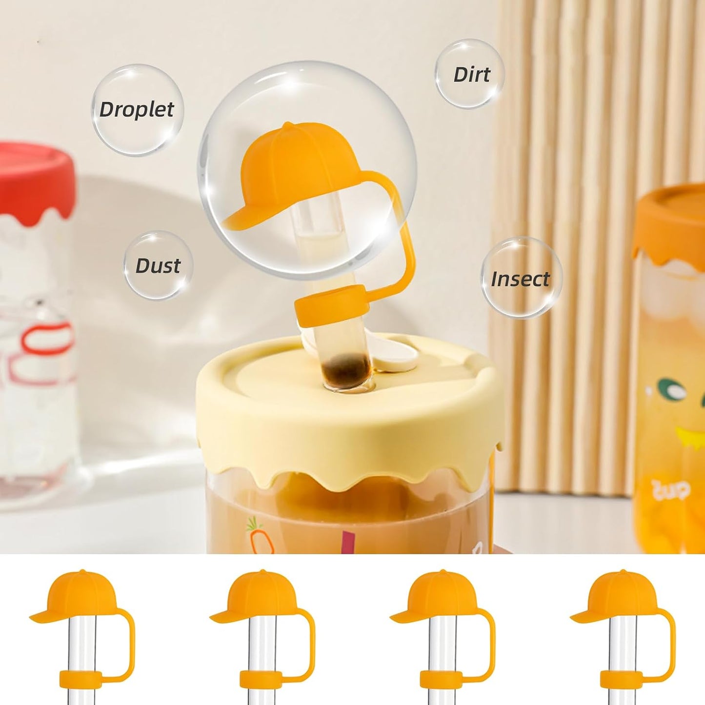 Straw Covers Cap for Tumblers 4 Pcs Yellow Hat Stanley Cup Toppers 0.4 in 10 mm Silicone Cute Straws Stoppers Tips for Water Bottle 30 & 40 Oz Cups with Handle Accessories Proof Dust Lids WN420