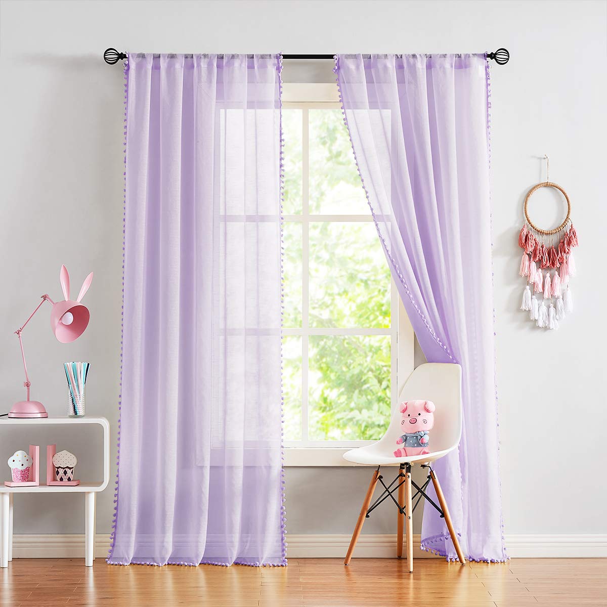 Treatmentex Pom-Pom Grey Sheer Curtains for Bedroom 63" Window Drapes Rod Pocket Textured Sheer Curtain for Kids Room 52" w 2 Panels BST202