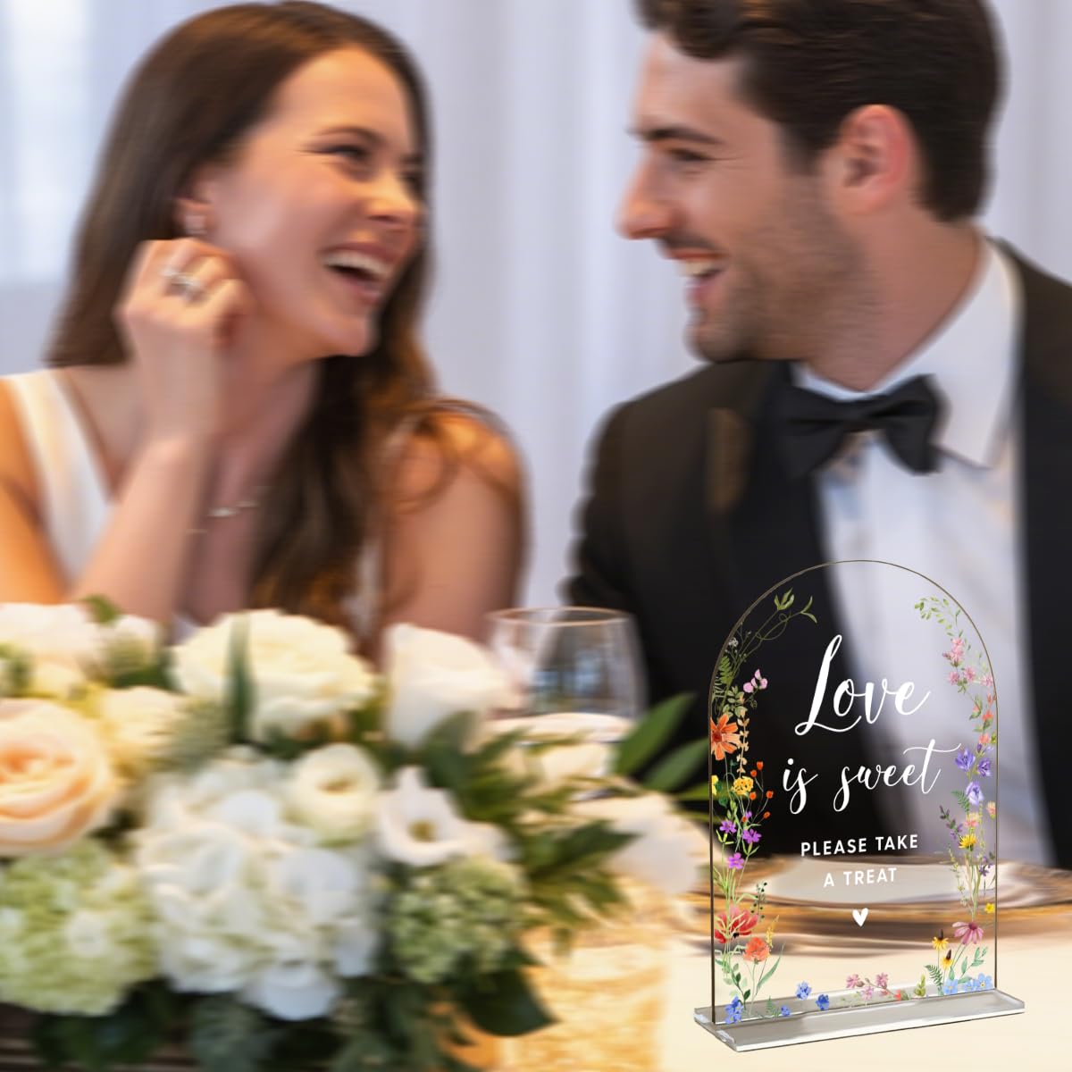 Acrylic Wedding Signs, Pick A Card Signs for Marriage Reception, Bridal Shower Decorations, Modern Arched Round Top Acrylic Table Top Sign with Holder for Wedding Party Dinner (Clear Wildflowers) BST326L