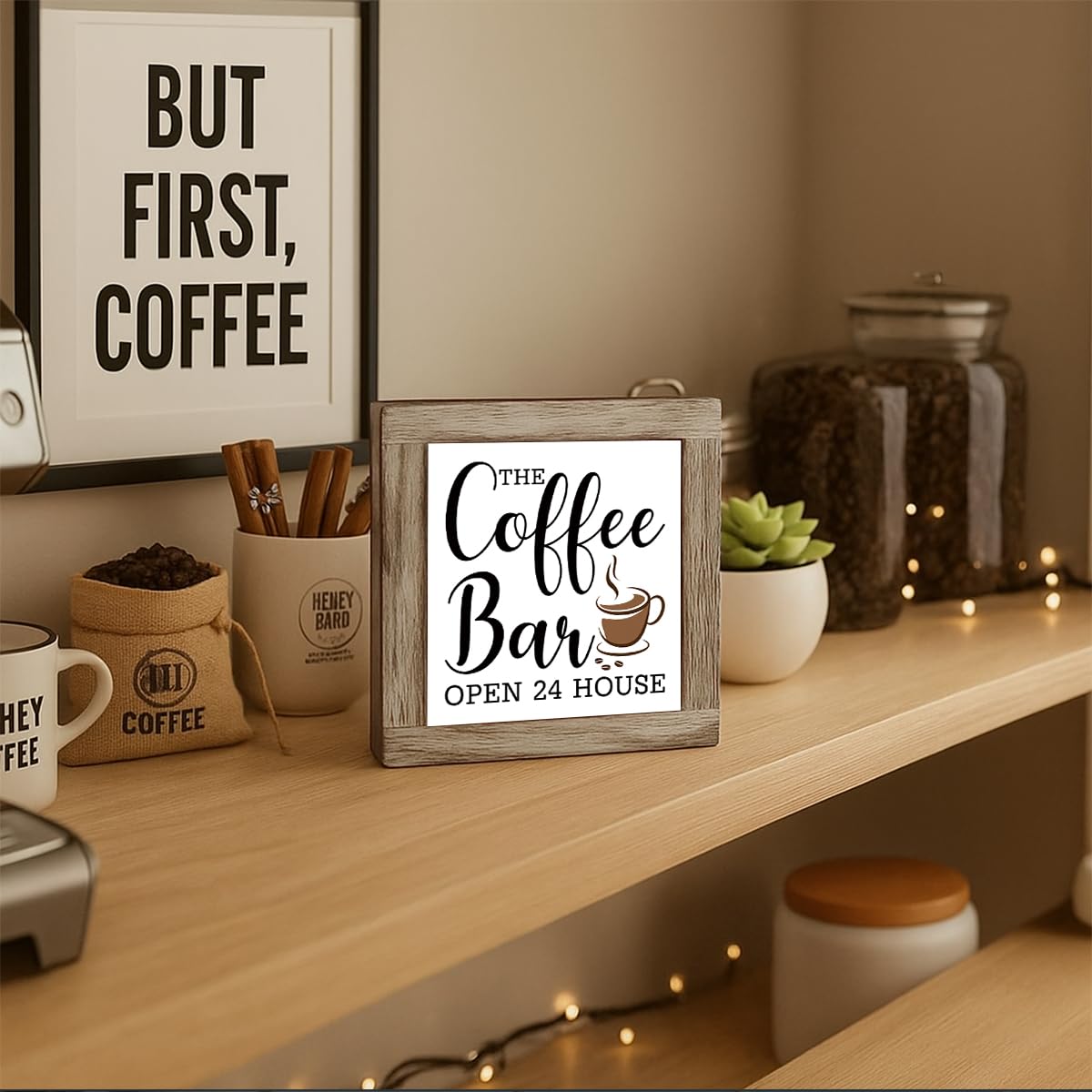Funny Wooden Coffee Bar Decor Sign, Bar Decorations, in the Morning When Rise Give Me Jesus (and Coffee), Cafe Table Top Shelf Accessories, Cafe Signs Decor 5.9x5.9 Inches BST202