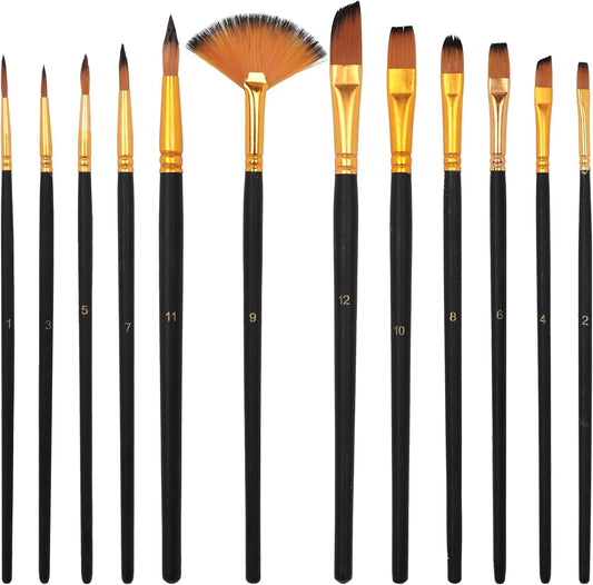 12 Pcs Artist Paint Brushes Set, Professional Watercolor Brushes with Round, Detail, Dagger & Wide Flat for Acrylic, Oil, Gouache, Ink Painting BST326L