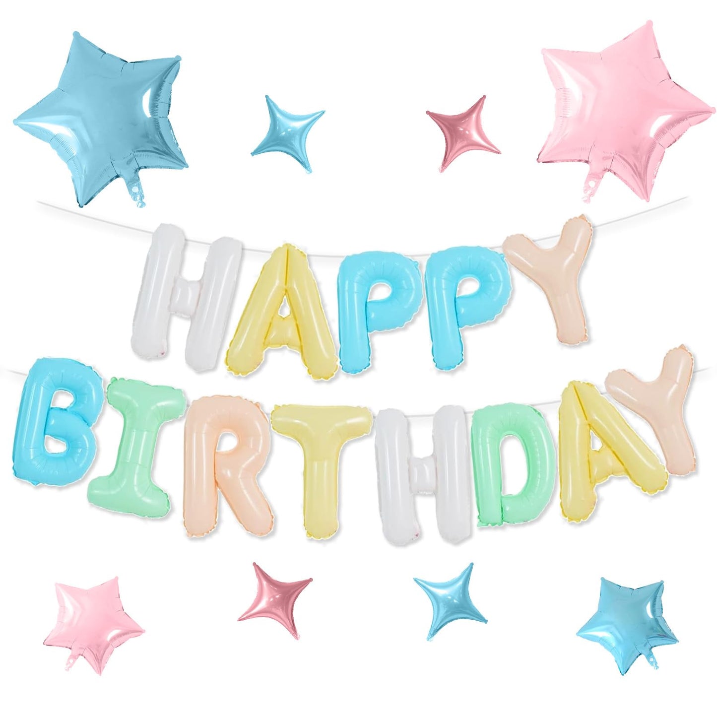 Happy Birthday Balloons Banner, Rainbow Happy Birthday Foil Balloons 16 Inch Foil Letter Balloon with 8 Pcs Gradient Blue Pink Star Balloon for Women Men Boys Girls Birthday Party Decoration WN420