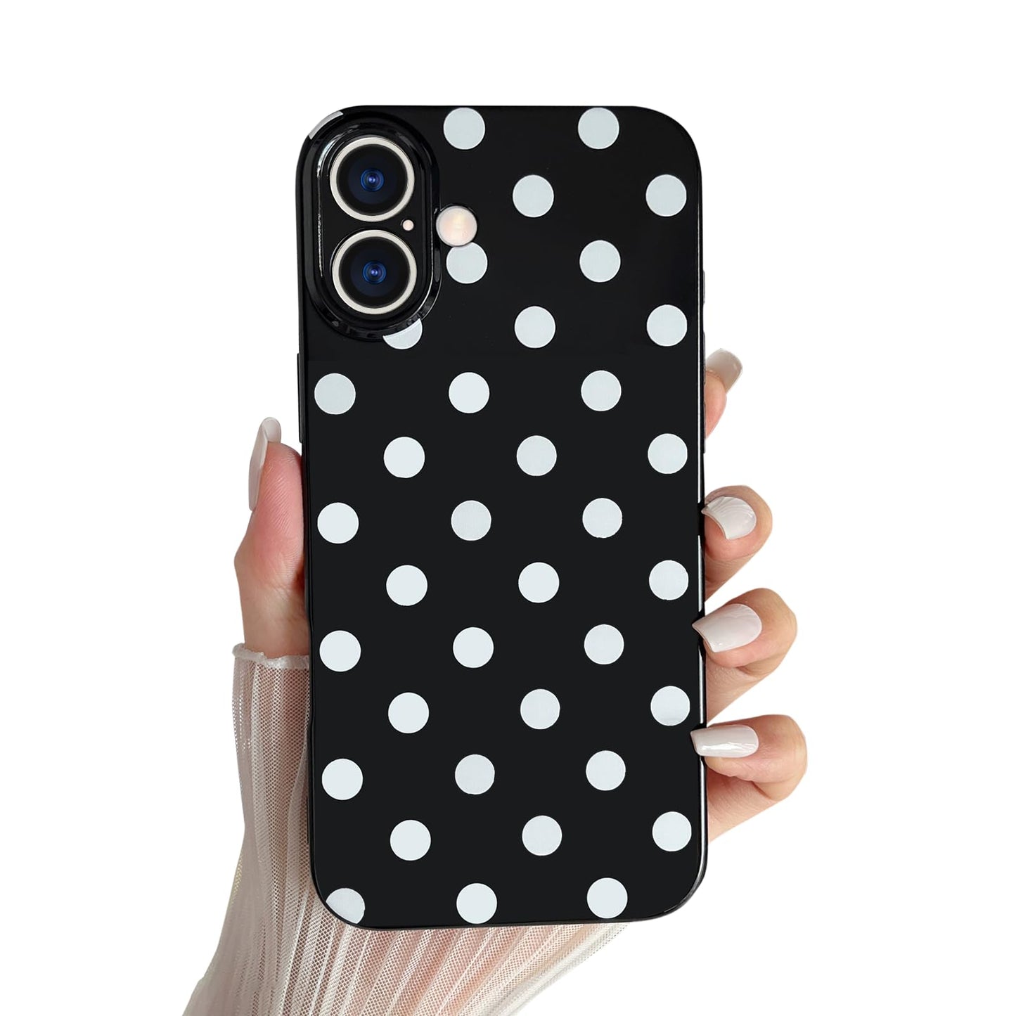 Skyseaco Compatible with iPhone 15 Case Cute Polka Dot Phone Case Soft Slim TPU Shockproof Phone Cover Full Camera Protection for Women Girls - Black WN420