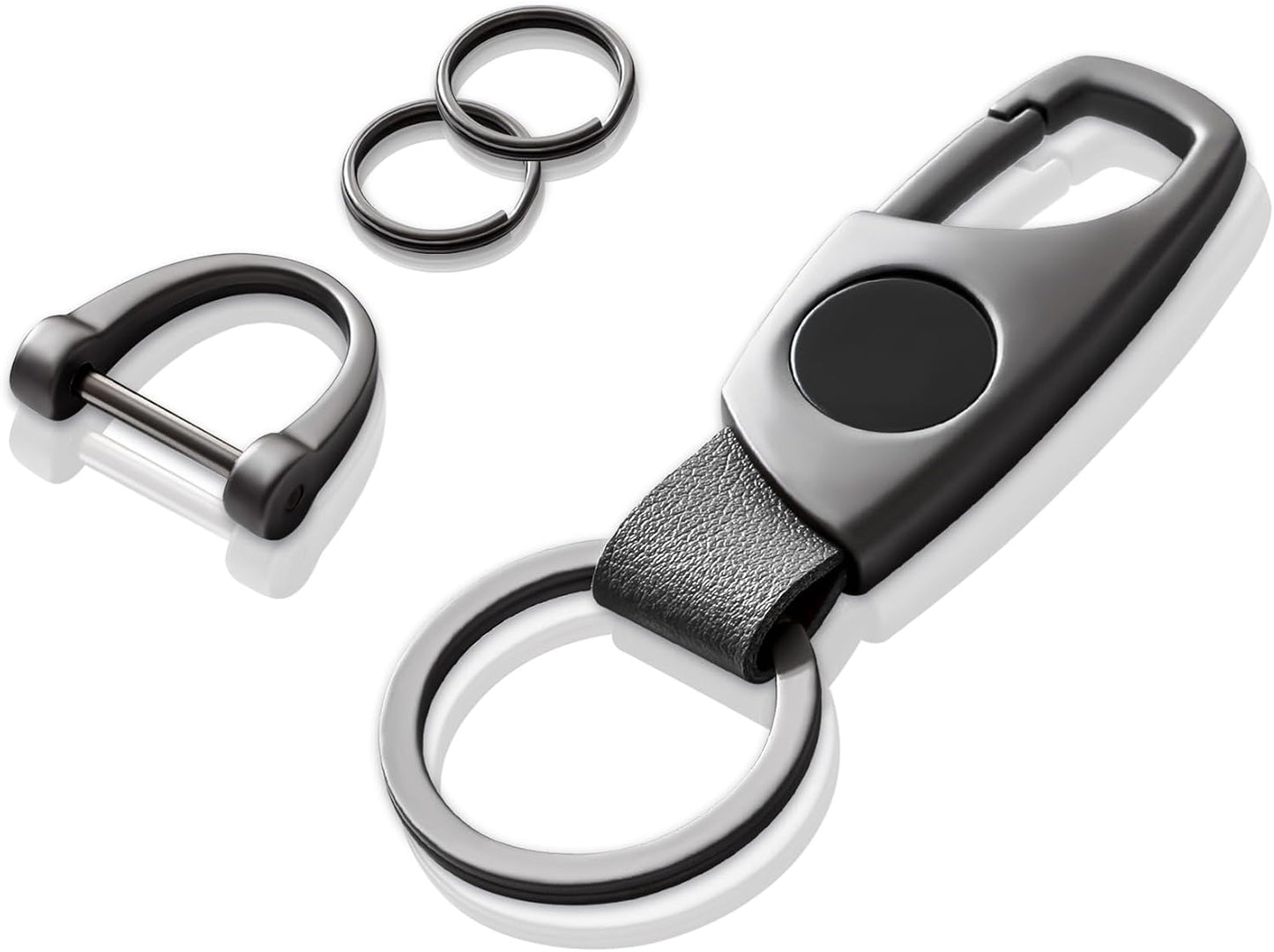 Gkeygo Carabiner Keychain, Key Chains for Car Key with 2 Key Rings and Anti-Lost D-Ring, Multifunctional Keychains for Men and Women – Grey(Grey Leather) WN420