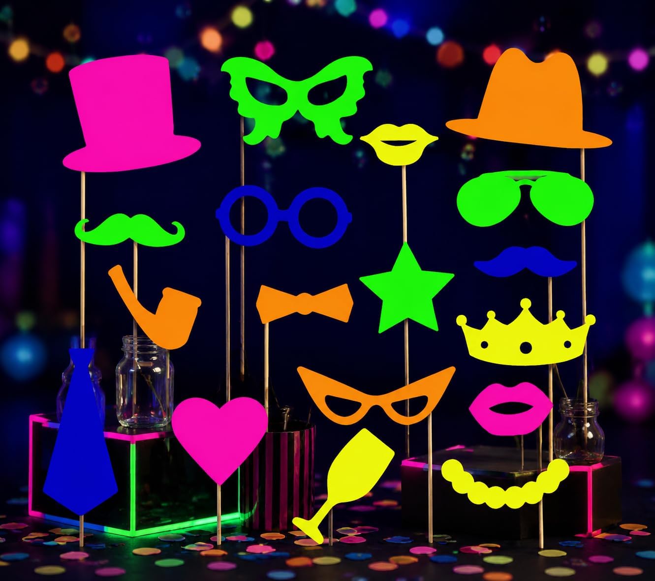 18 Pcs Neon Photo Booth Props for Kids, UV Black Light Fluorescent Selfie Posing Supplies, Let's Glow Crazy Party Decorations for Boys Girls Birthday, Sleepover, Teen Glow in the Dark Party Favors BST326L