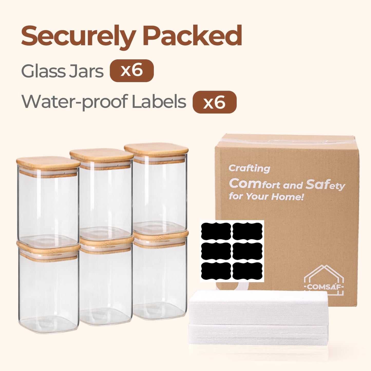 ComSaf 0.6 Qt Glass Food Storage Jars Set of 6, Clear Storage Containers with Airtight Lids, Pantry Organization Jar, Spice Jar, Blooming Tea, Coffee and Sugar Container, Canister Set for Kitchen BST220