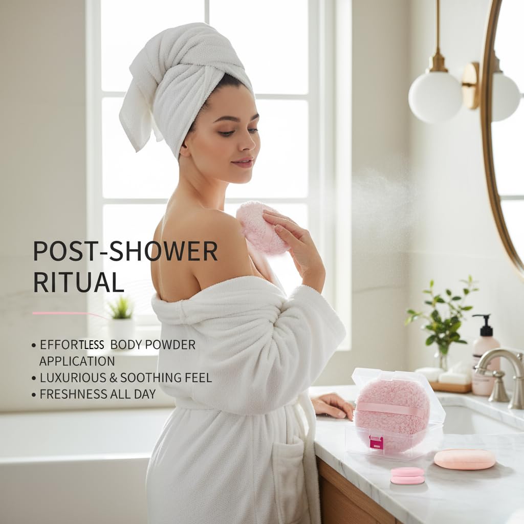 4-Pack Powder Puff and Container, 3 Sizes Makeup Puff Set Includes 6" Body Powder Brush & Face Puffs (13cm & 7.5cm), Soft Dusting Puffs for Women WN420