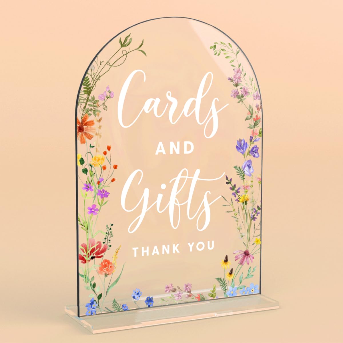 Acrylic Wedding Signs, Pick A Card Signs for Marriage Reception, Bridal Shower Decorations, Modern Arched Round Top Acrylic Table Top Sign with Holder for Wedding Party Dinner (Clear Wildflowers) BST326L