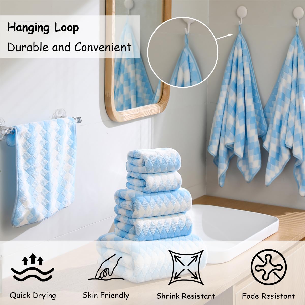 12 Pcs Light Gray Diamond Towel Set-4 Bath Towels,4 Hand Towels,4 Washcloths Soft Polyester Towels with Loop Absorbent Shower Towel Quick Dry Beach Chair Towel Family Towels for Bathroom Spa Gym Pool BST220