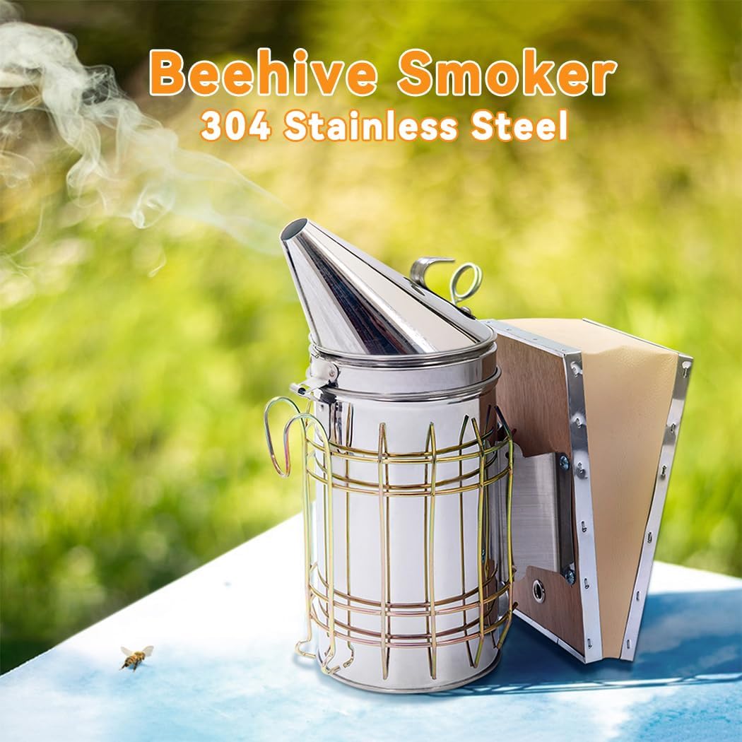 POLLIBEE Bee Smoker Stainless Steel Smoker Kit with Heat Shield Bee Hive Tool J Hook Beekeeping Supplies and Beekeeper Tool Set WN420