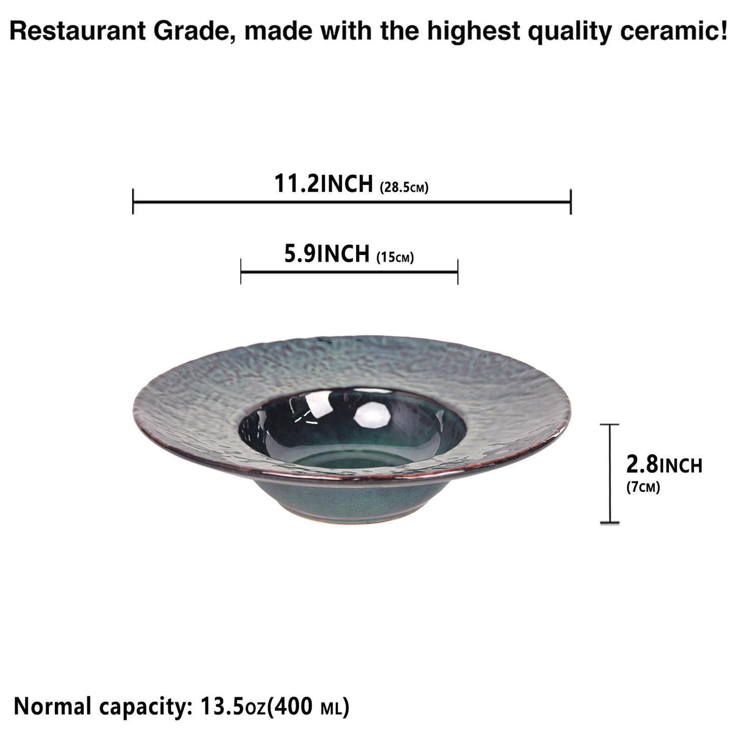 Ceramic Rimmed Soup Plate, Soup Bowl 6.4 oz, Pasta Bowl Set of 4, Shallow Bowl Plate with Rim, Best choice for high-end restaurants, hotels, and foodies, Teal reactive glaze, 9.3 Inch BST202