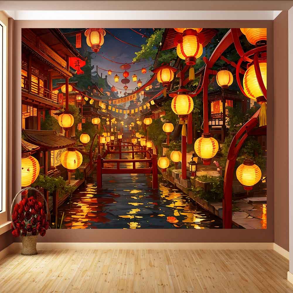 Ine Ive Japanese Tapestry Wall Hanging Large Size 93x71 Inch | Traditional Japan Streets filled with lanterns tapestry for Bedroom Living Room Dorm Office Restaurant Wall Decor BST202