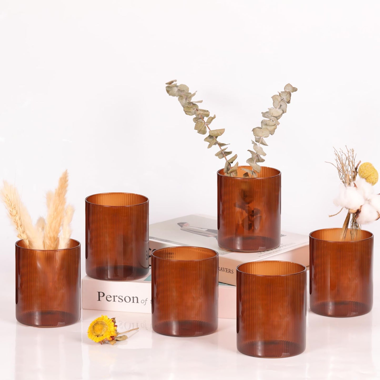 Glass Ribbed Cylinder Vases, 8 Inch Tall, Clear, Pack of 3 | Flower Vases in Bulk, Hurricane Floating Candle Vases, For Party Home Decor BST326H