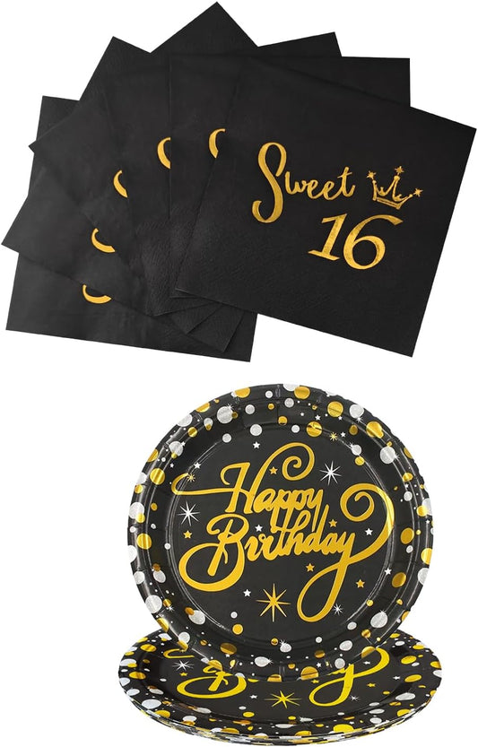 16th Birthday Party Supplies Disposable Tableware Napkins and Plates,Black and Gold Napkins and Plates Set for 16th Girl Birthday Party Decoration Service 20 BST326L