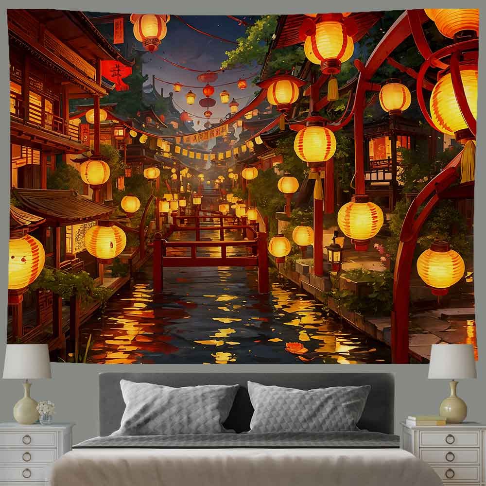 Ine Ive Japanese Tapestry Wall Hanging Large Size 93x71 Inch | Traditional Japan Streets filled with lanterns tapestry for Bedroom Living Room Dorm Office Restaurant Wall Decor BST202