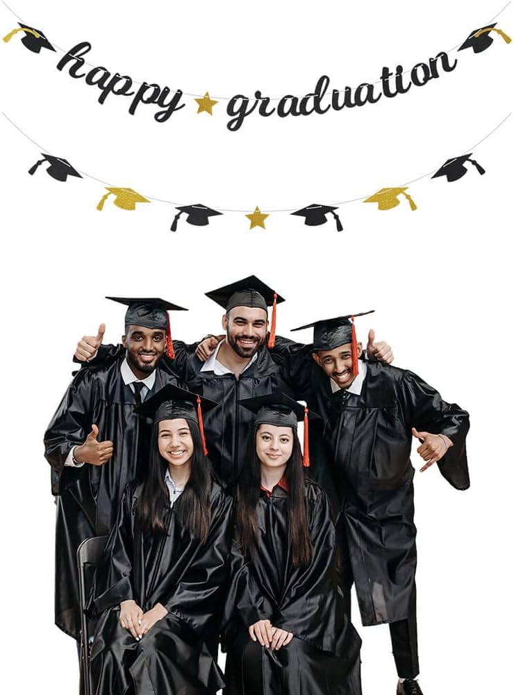 Happy Graduation Glitter Banner Graduation Congratulations Party Decorations Black Gold BST326L
