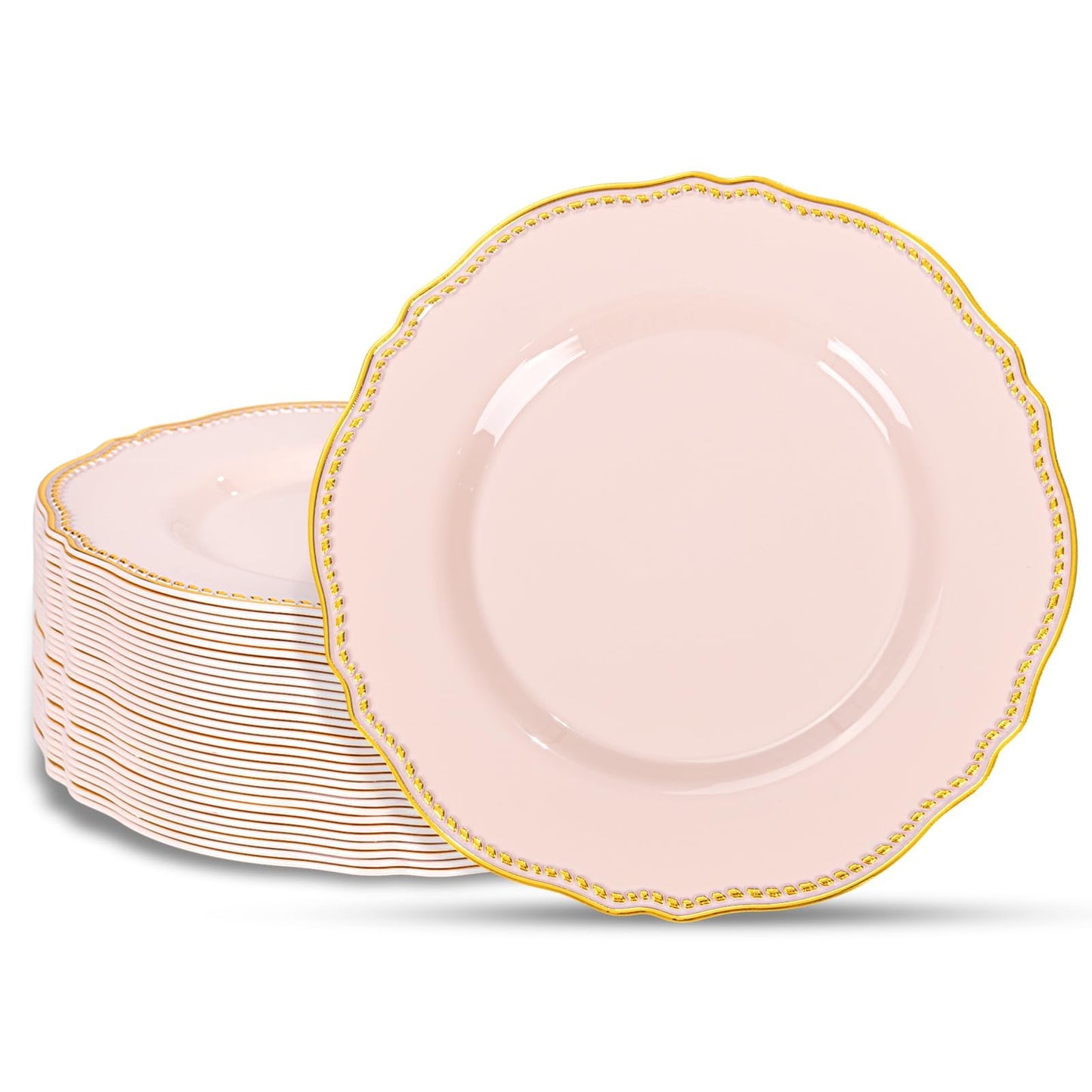 Hioasis 60pcs Pink Plastic Plates - Pink and Gold Disposable Dinnerware with Gold Rim N26
