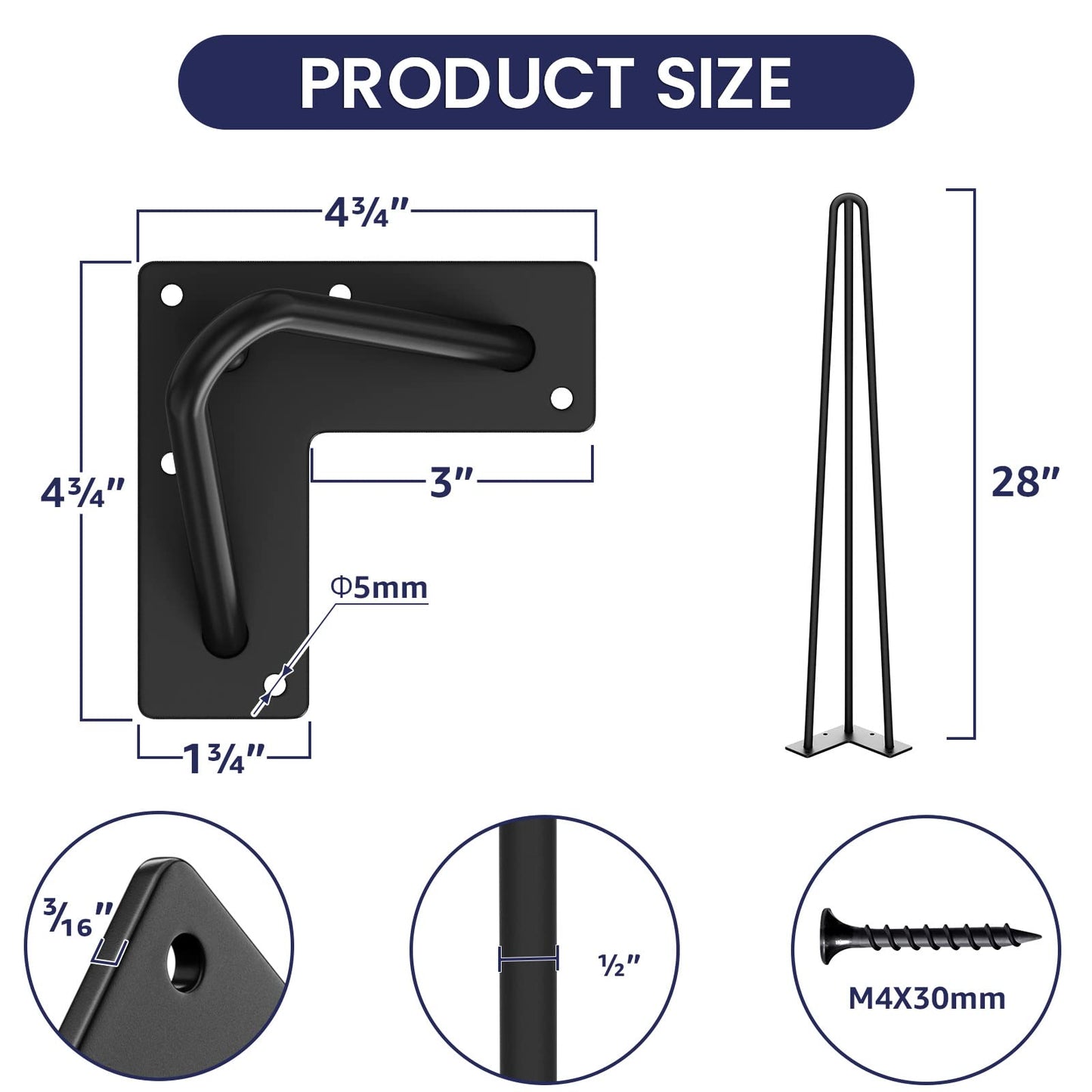 SMARTSTANDARD 16 Inch Hairpin Table Legs, 3 Steel Rods 1/2 Inch Pipe Diameter, 800lbs Load Capacity, Mid-Century Style for Coffee Table, Side Table, Night Stand (Black, 4PCS) BST220