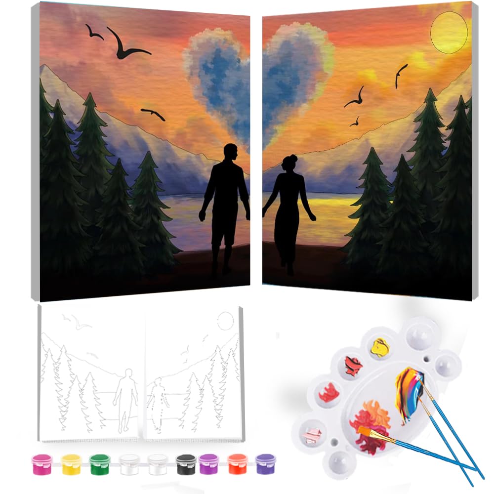 2Pcs Sip and Paint Kit for Adults,Valentines Couple Painting Kit Supplies Canvas, Pre Drawn Canvas to Paint for Date Night for Couples DIY Acrylic Painting Kits Party Favor 8×10 WN420