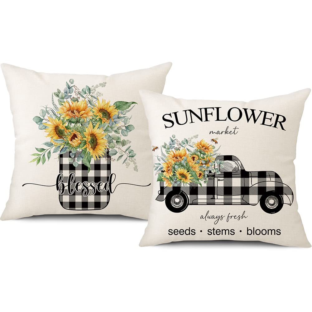 Spring Easter Pillow Covers 18x18 Set of 2 Rabbit Bunny Carrot Truck Spring Flowers Decorative Throw Pillow Covers for Home Office Sofa Bed Couch BST326L