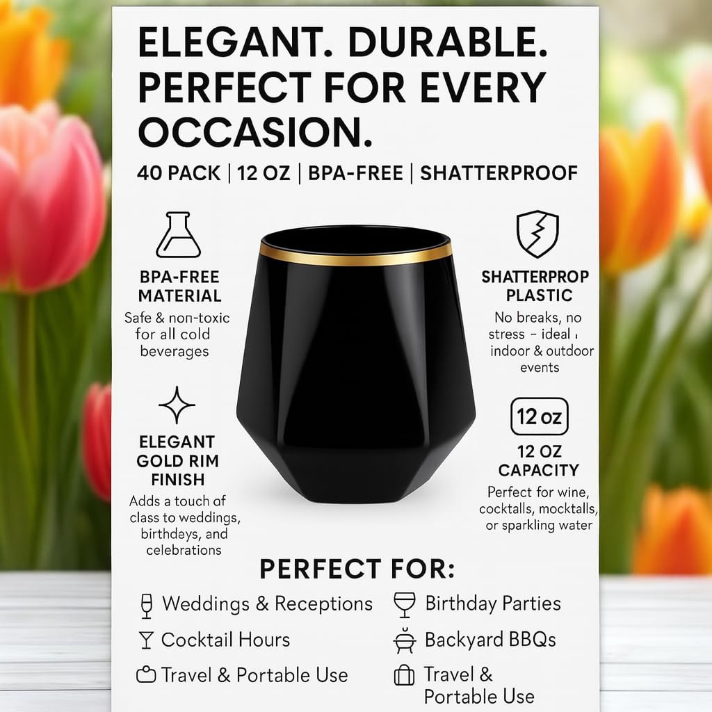 Oojami 40 Pack Diamond Disposable Plastic Wine Glasses 12oz for Parties | Stemless Wine Cups, Champagne Cocktail Whiskey - Shatterproof Unbreakable Reusable Recyclable BPA-Free, Weddings Birthday BST220